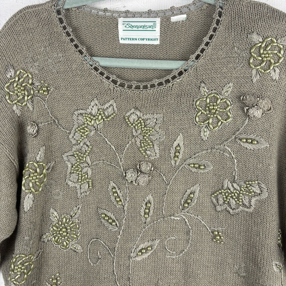 Vintage Shenanigans Embroidered and Beaded Beige Crocheted Sweater L - Picture 6 of 11